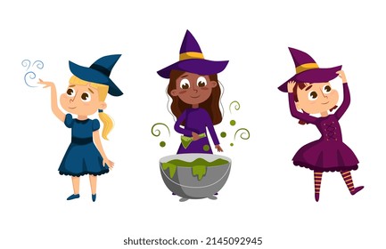 Happy Girl Witch in Dress and Pointed Hat Casting Spell Practising Witchcraft and Doing Magic Vector Set