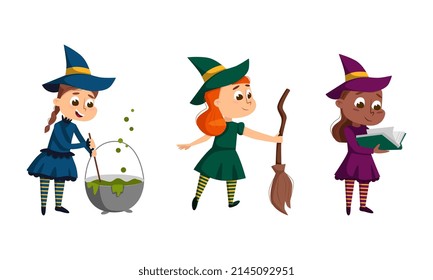 Happy Girl Witch in Dress and Pointed Hat Casting Spell Practising Witchcraft and Doing Magic Vector Set