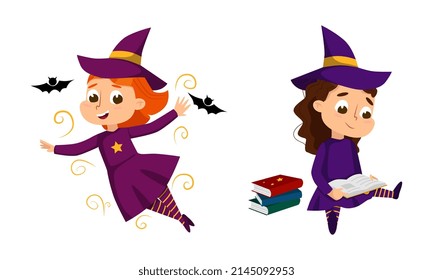 Happy Girl Witch in Dress and Pointed Hat Casting Spell Practising Witchcraft and Doing Magic Vector Set