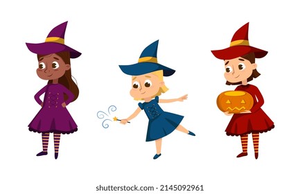 Happy Girl Witch in Dress and Pointed Hat Casting Spell Practising Witchcraft and Doing Magic Vector Set