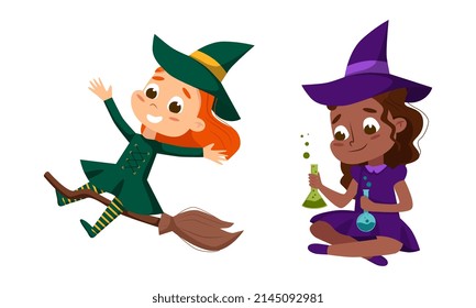Happy Girl Witch in Dress and Pointed Hat Casting Spell Practising Witchcraft and Doing Magic Vector Set