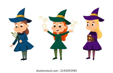 Happy Girl Witch in Dress and Pointed Hat Casting Spell Practising Witchcraft and Doing Magic Vector Set