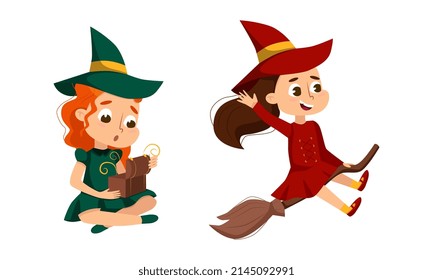 Happy Girl Witch in Dress and Pointed Hat Casting Spell Practising Witchcraft and Doing Magic Vector Set