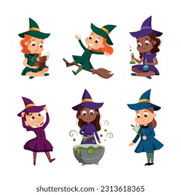 Happy Girl Witch in Dress and Pointed Hat Casting Spell Practising Witchcraft and Doing Magic Vector Set