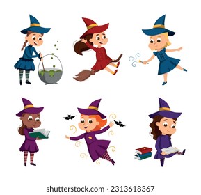 Happy Girl Witch in Dress and Pointed Hat Casting Spell Practising Witchcraft and Doing Magic Vector Set