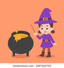 Happy girl witch with magic pot vector cartoon style isolated on white background illustration Halloween