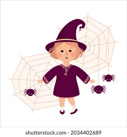 Happy Girl Witch in Purple Dress and Pointed Hat Standing Near Cobweb and Spider Vector Illustration