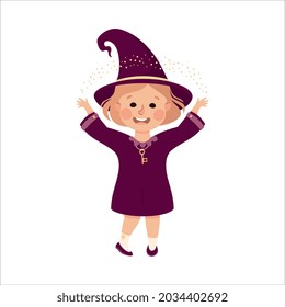 Happy Girl Witch in Purple Dress and Pointed Hat Casting Spell Practising Witchcraft and Doing Magic Vector Illustration