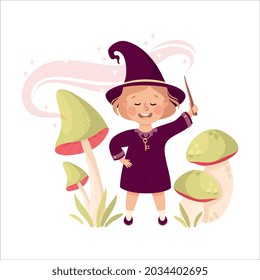 Happy Girl Witch in Purple Dress and Pointed Hat Casting Spell Practising Witchcraft and Doing Magic with Wand Vector Illustration