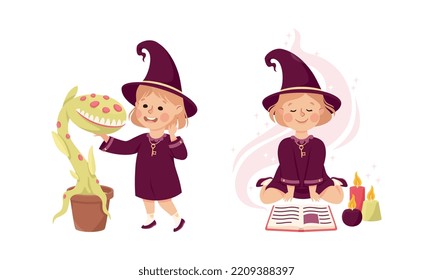 Happy Girl Witch in Purple Dress and Pointed Hat with Toothy Plant in Pot and Spellbook Vector Set