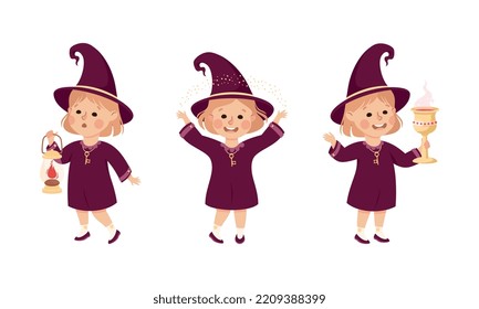 Happy Girl Witch in Purple Dress and Pointed Hat with Lantern and Goblet with Potion Vector Set