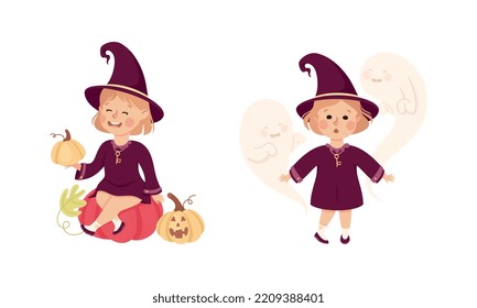 Happy Girl Witch in Purple Dress and Pointed Hat with Ghost and Pumpkin Vector Set