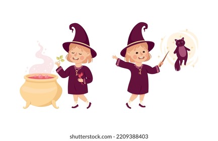 Happy Girl Witch in Purple Dress and Pointed Hat Near Boiling Cauldron and with Magic Wand Vector Set