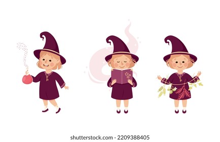 Happy Girl Witch in Purple Dress and Pointed Hat Holding Flask and Spellbook Practising Witchcraft and Doing Magic Vector Set