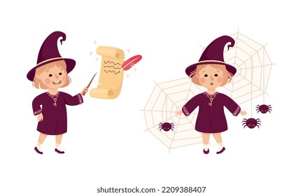 Happy Girl Witch in Purple Dress and Pointed Hat Near Spider Web and Writing on Scroll with Quill Vector Set
