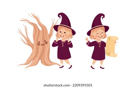 Happy Girl Witch in Purple Dress and Pointed Hat with Talking Tree and Scroll Vector Set