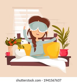 Happy girl woke up in the morning. Spring holiday. Vector illustration. Cartoon style.