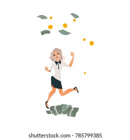 Happy girl, woman, businesswoman celebrating success, jumping, dancing under money rain, flat cartoon vector illustration isolated on white background. Business woman, businesswoman jumping in money