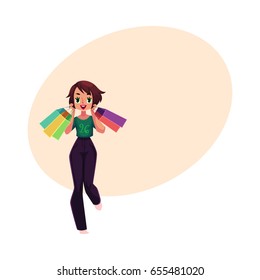 Happy girl, woman in casual clothing with shopping bags, holiday sale concept, cartoon vector illustration with space for text. Girl, woman with many shopping bags, happy shopping concept