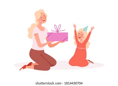 Happy girl. Woman giving gift to daughter, birthday party. Family festive, cute cartoon mother and little child vector illustration