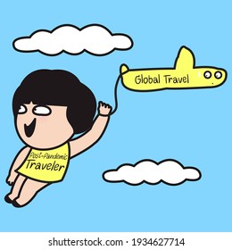 Happy Girl With Word Post Pandemic Traveler On Her Dress Hanging On Edge Of Airplane Wing Concept Card Character illustration