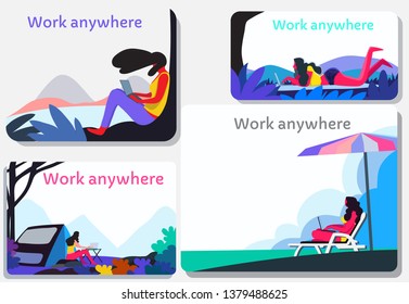 Happy girl working on the beach on the computer in the ideal paradise like island location. Work anywhere you like concept illustration vector