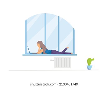 Happy girl working or studying at home lying on the windowsill. Distance learning, freelance, online. Home office concept. Vector cartoon