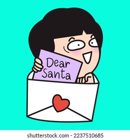 Happy Girl Written Letter To Santa Claus And Puts Herself In An Envelope Too. Festive Seasons Concept Card Character illustration