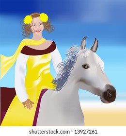 The happy girl in a yellow dress sits on a white horse