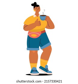 Happy girl in yellow polo shirt, blue shorts and with red waist bag holding a cup of coffee. Holding thumb up. Full character figure. Flat hand drawn vector illustration