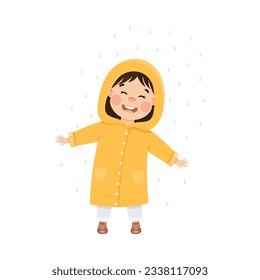 Happy girl in yellow raincoat walking and having fun in rainy weather cartoon vector illustration