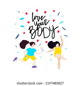 Happy girl in yellow swimsuit. Body positive concept. Hand sketched Love your body text. Lettering typography. Good for card, print, poster. Motivation quote. Vector illustration.