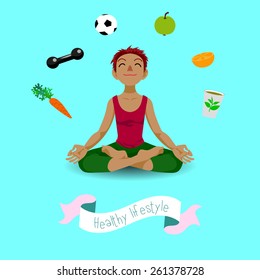 Happy girl in yoga lotus position in cartoon style. Healthy lifestyle.