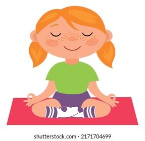 Happy girl in yoga pose. Calm cartoon child