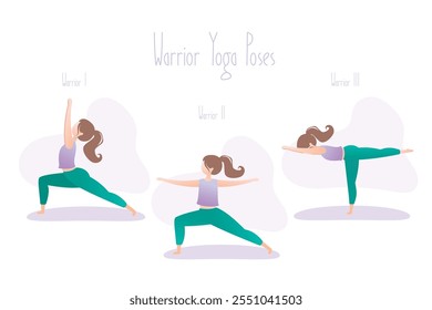 Happy girl in yoga pose. Set of three warrior asana poses  in hatha yoga. Simple human female character. Flat vector illustration