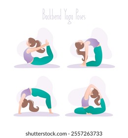 Happy girl in yoga pose. Set of four backbend asana poses in hatha yoga. Simple human female character. Sport activity concept. Flat vector illustration