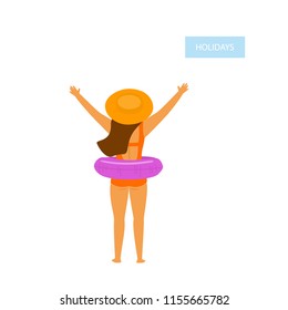 happy girl, young woman on beach vacation, standing backside with inflatable float, isolated vector illustration