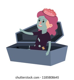 happy girl with zombie costume inside coffin stone