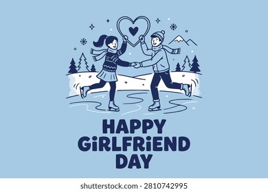 Happy Girlfriend Day Fun Cartoon Couple Dancing Together Joyfully Winter Scene Flat Illustration Typography on Sky Blue Background