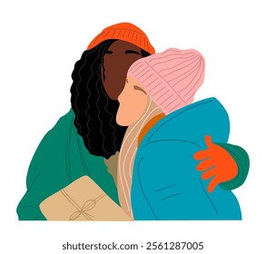 Happy girlfriends embracing holding Christmas gift. Flat vector illustration isolated on white background