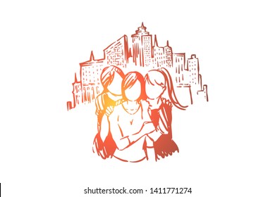 Happy girlfriends, faceless women posing for photo, urban tourism, recreation, holiday vacation, female friendship. Young sisters, best friends hugging concept sketch. Hand drawn vector illustration