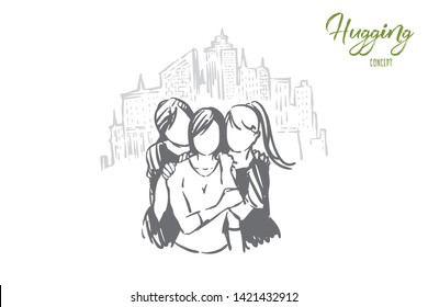 Happy girlfriends, faceless women posing for photo, urban tourism, recreation, holiday vacation, female friendship. Young sisters, best friends hugging concept sketch. Hand drawn vector illustration