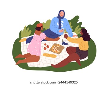 Happy girlfriends on a picnic. Women relaxing outdoors and eating pizza. Vector flat illustration.