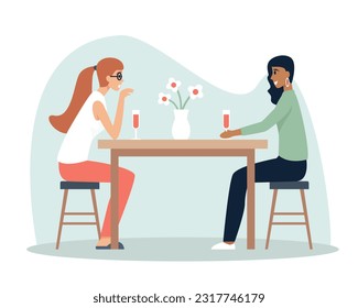 Happy girlfriends talking at table with flowers and glasses of alcohol. Young people having conversation in modern restaurants. Friends meeting in cafe and spending time together. Vector