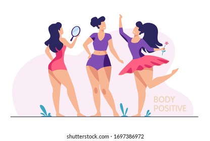 Happy girls admiring their bodies flat vector illustration. Body positive female characters smiling each other. Active women with plus size figures. Different beauty, fashion and healthy lifestyle