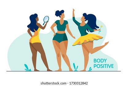 Happy girls admiring their bodies flat vector illustration. Body positive female characters smiling each other. Active women with plus size figures. Different beauty, fashion and healthy lifestyle