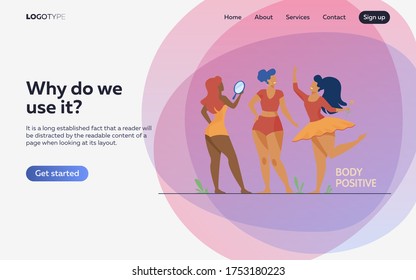 Happy girls admiring their bodies flat vector illustration. Body positive female characters smiling each other. Active women with plus size figures. Different beauty, fashion and healthy lifestyle