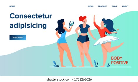 Happy girls admiring their bodies flat vector illustration. Body positive female characters smiling each other. Active women with plus size figures. Different beauty, fashion and healthy lifestyle