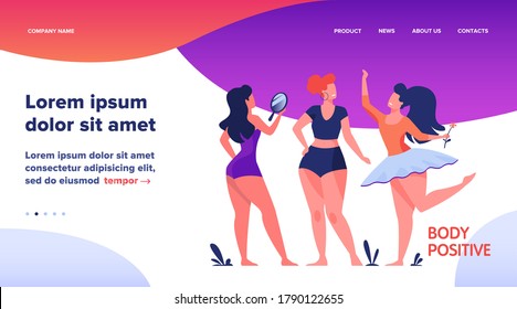 Happy girls admiring their bodies flat vector illustration. Body positive female characters smiling each other. Active women with plus size figures. Different beauty, fashion and healthy lifestyle