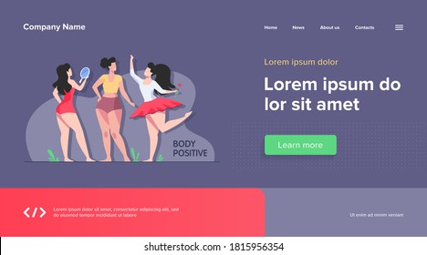 Happy girls admiring their bodies flat vector illustration. Body positive female characters smiling each other. Active women with plus size figures. Different beauty, fashion and healthy lifestyle